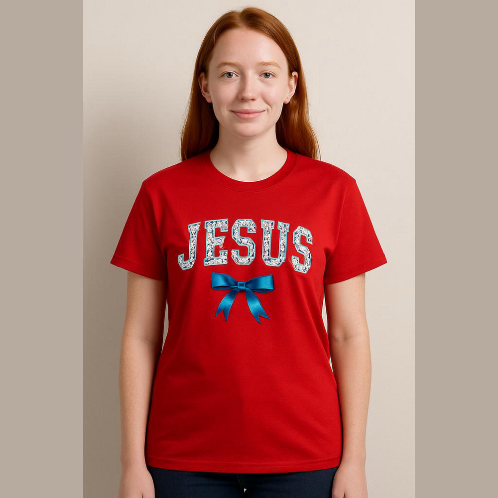 'Jesus' with a Blue Bow”. Red. Size Large